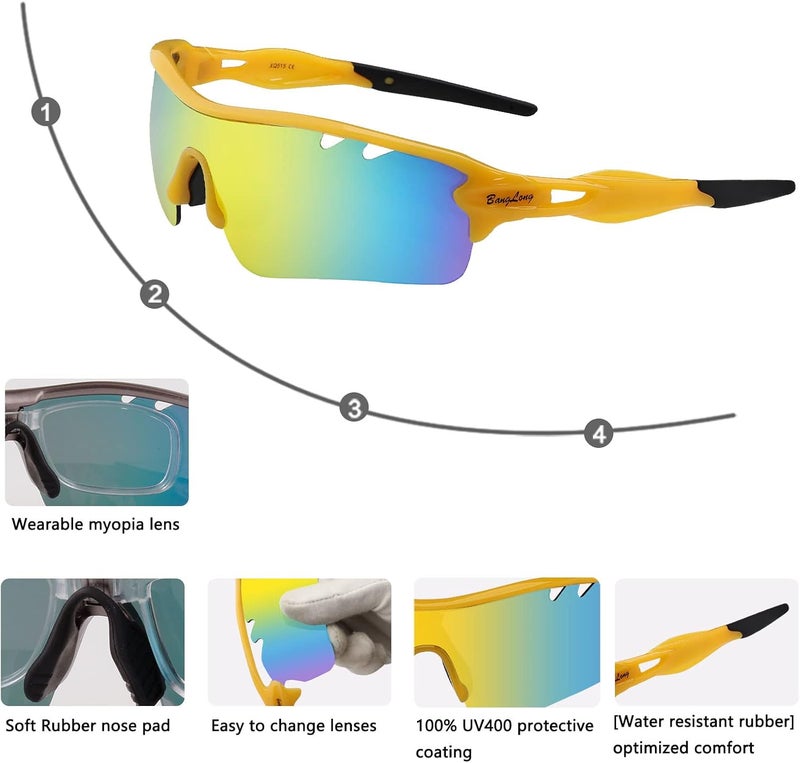 BangLong Polarized Sports Sunglasses Cycling Sun Glasses for Men Women with 5 Interchangeable Lenes for Running Baseball Golf - Image 4